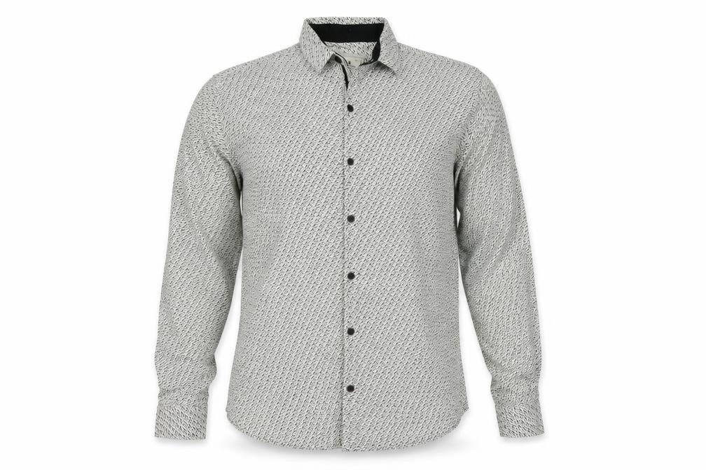 Front view of CHARCOAL men’s ivory animal print button-up, size L