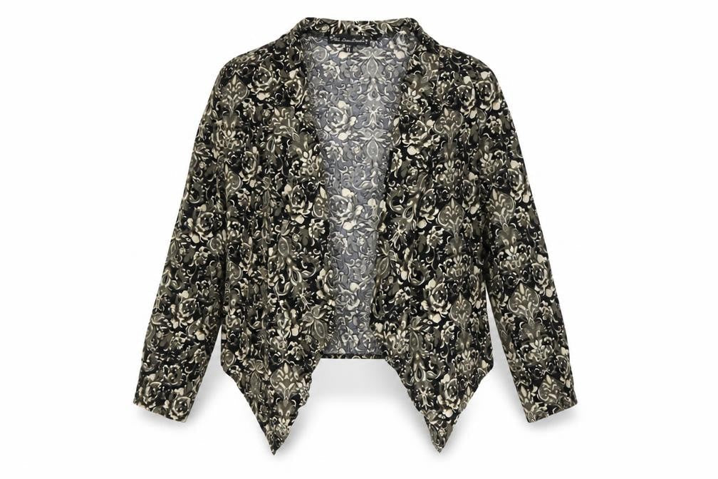 Front view of Mela Loves London women’s multicoloured floral cardigan jumper, size UK 10