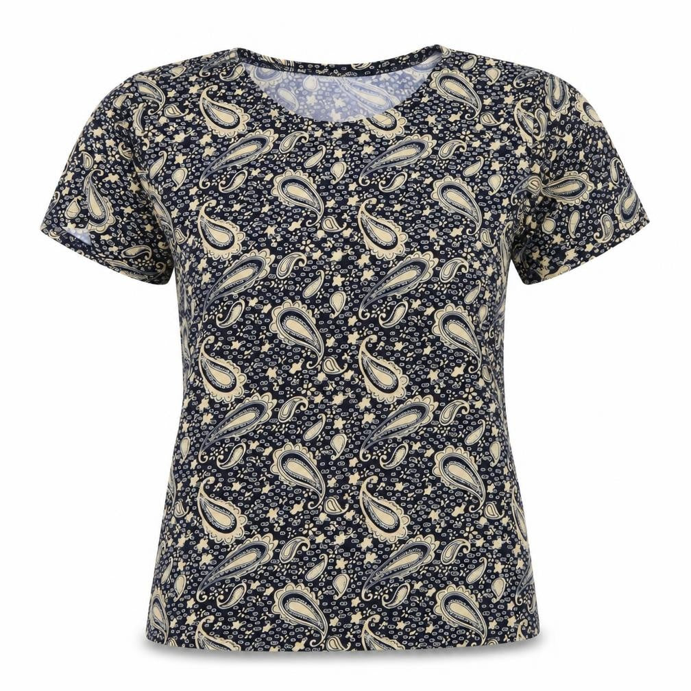 Front view of Yue sheng women’s blue basic t-shirt, size M