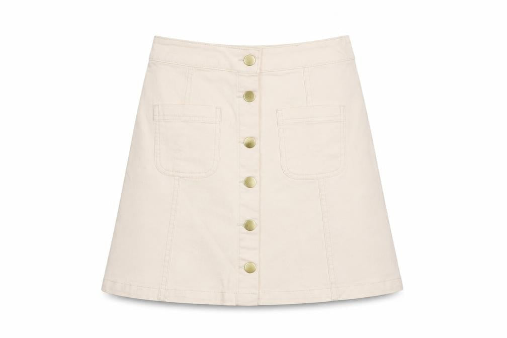 Front view of H&M women’s beige maxi skirt, size UK 6