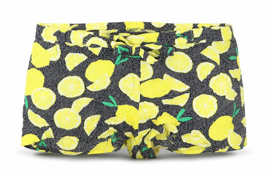Front view of Preworn women’s yellow geometric hot pants shorts, size UK 35, in - lemons
