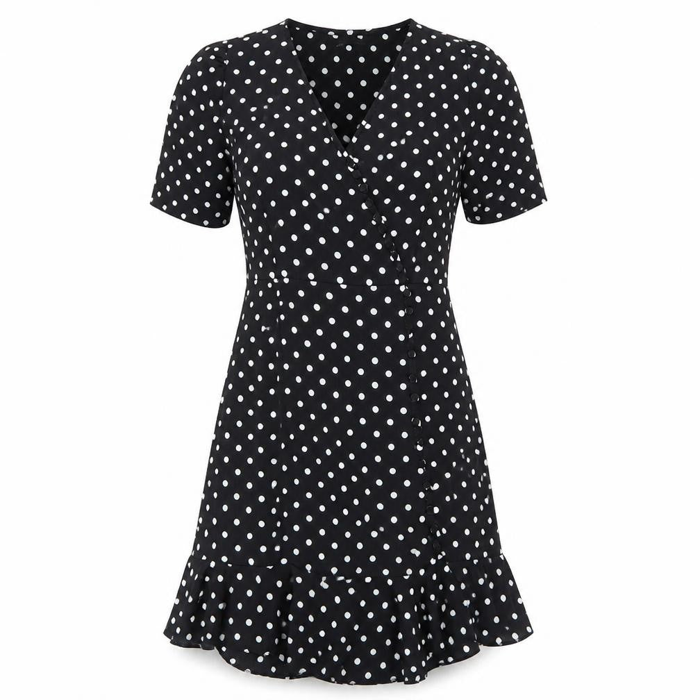 Front view of PRETTYLITTLETHING women’s black polka dot a-line, size UK 2