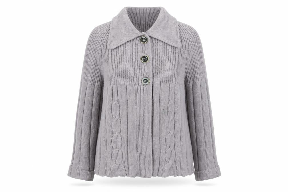 Front view of Eltic Clothing women’s purple knit cardigan jumper, size L