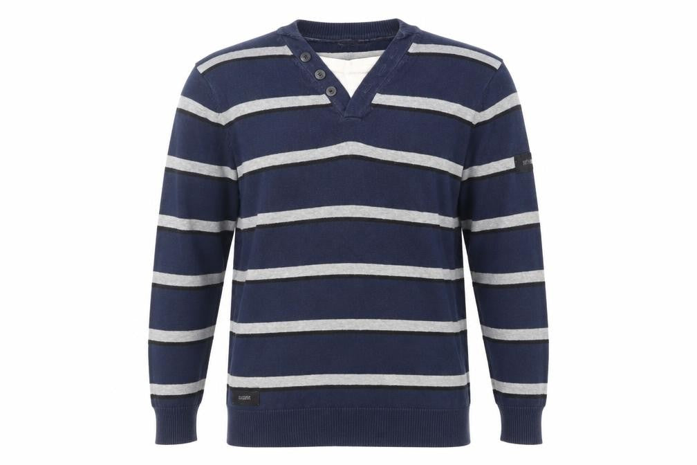 Front view of Dissident men’s blue striped jumper, size L