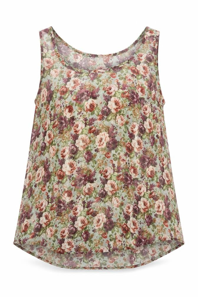 Front view of Topshop women’s green floral basic t-shirt, size UK 6