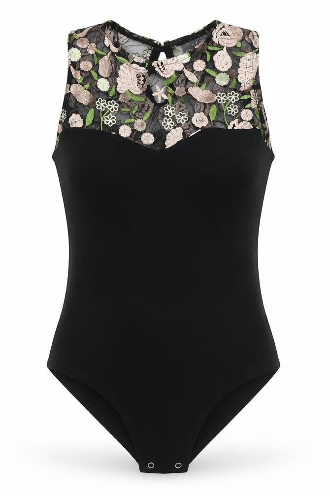 Front view of Select women’s black floral bodysuit one-piece, size UK 8