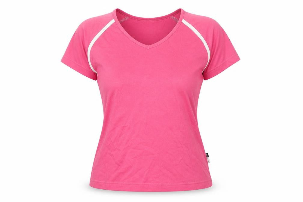 Front view of gym issue women’s pink basic t-shirt, size UK 12