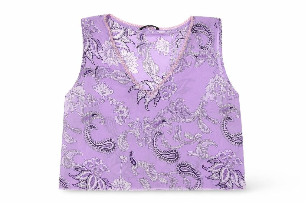 Front view of CCDK women’s purple paisley chiffon cropped tank, size UK 16