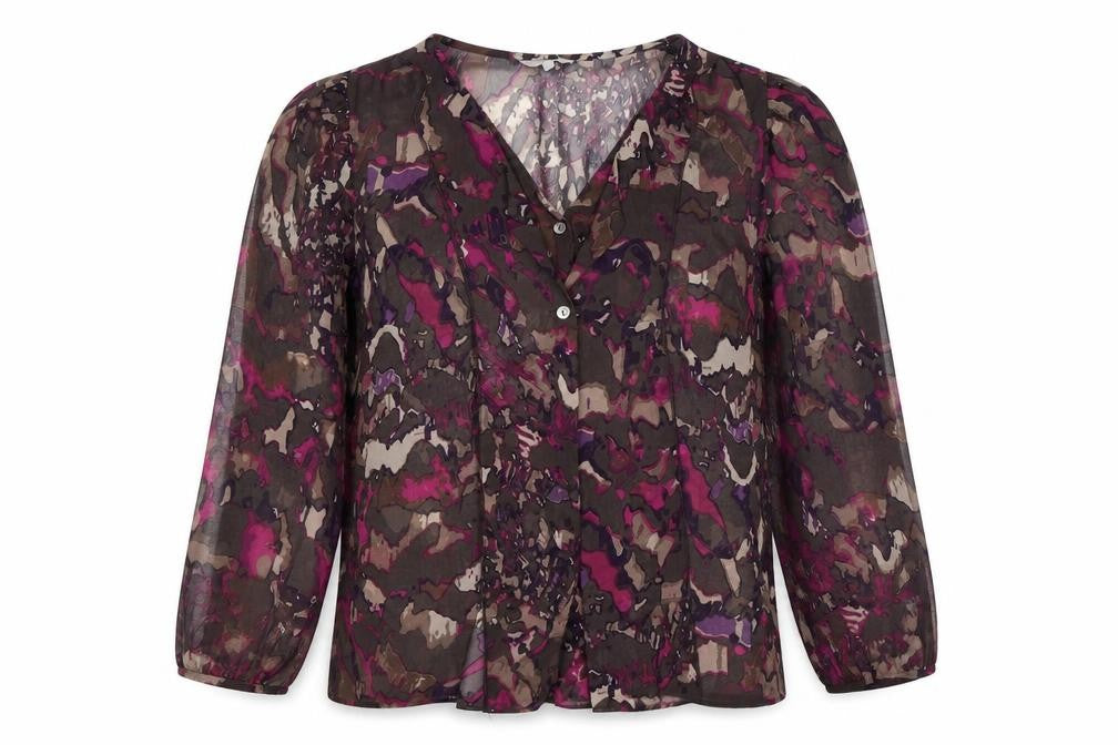 Front view of Per Una women’s purple floral chiffon basic blouse, size UK 12, - ruffle front