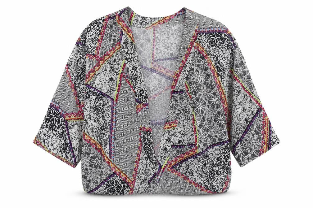 Front view of Peacocks women’s multicoloured geometric cardigan jumper, size M