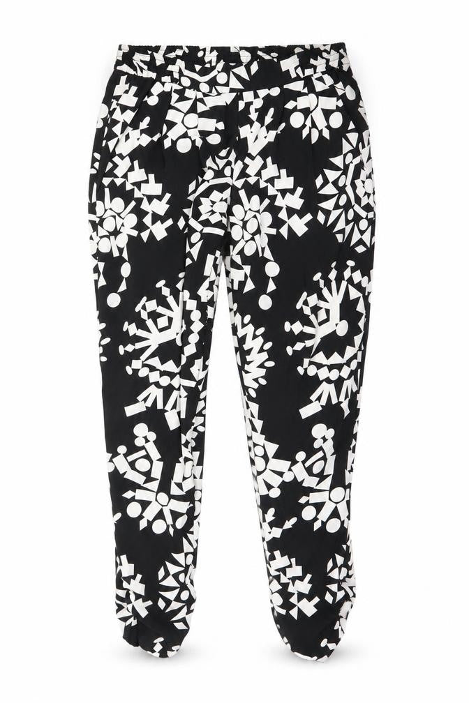 Front view of River Island women’s black geometric trousers, size UK 8, 29-inch leg - gathered ankles