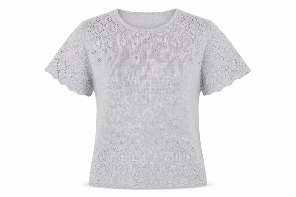 Front view of EWM women’s silver knit jumper, size UK 14