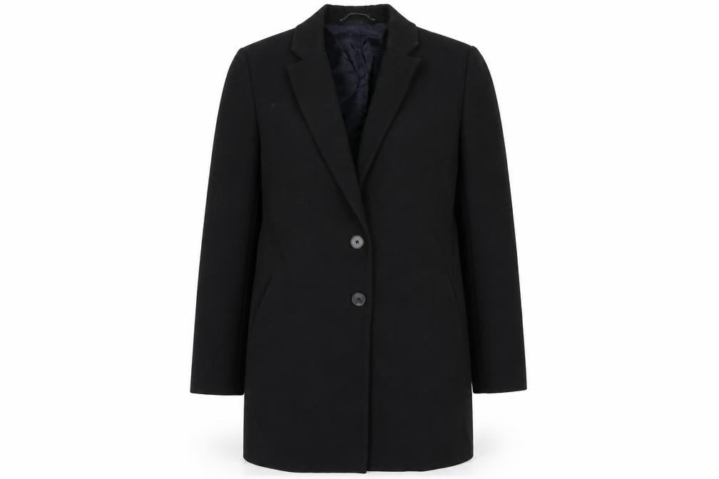 Front view of Preworn women’s black overcoat coat, size L