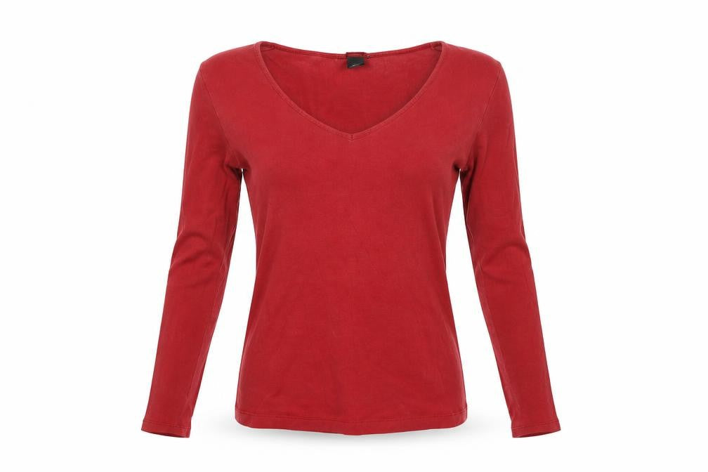 Front view of H&M women’s red pullover sweatshirt, size S