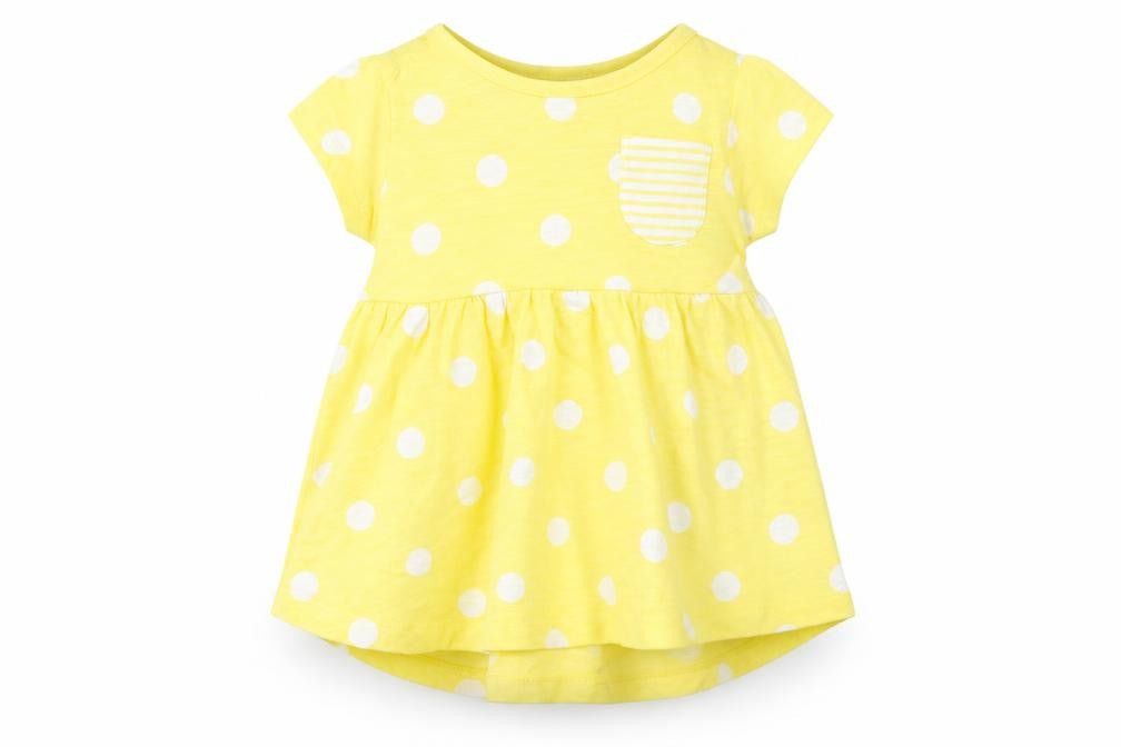 Front view of Next girls’ yellow polka dot t-shirt dress, size 6-9, months