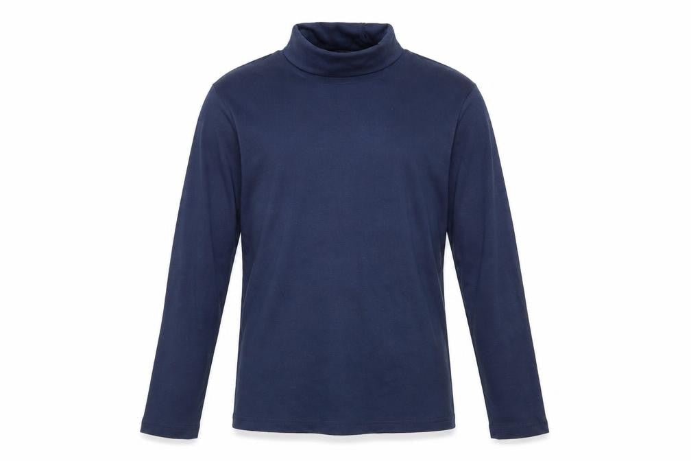 Front view of men’s blue pullover sweatshirt, size S