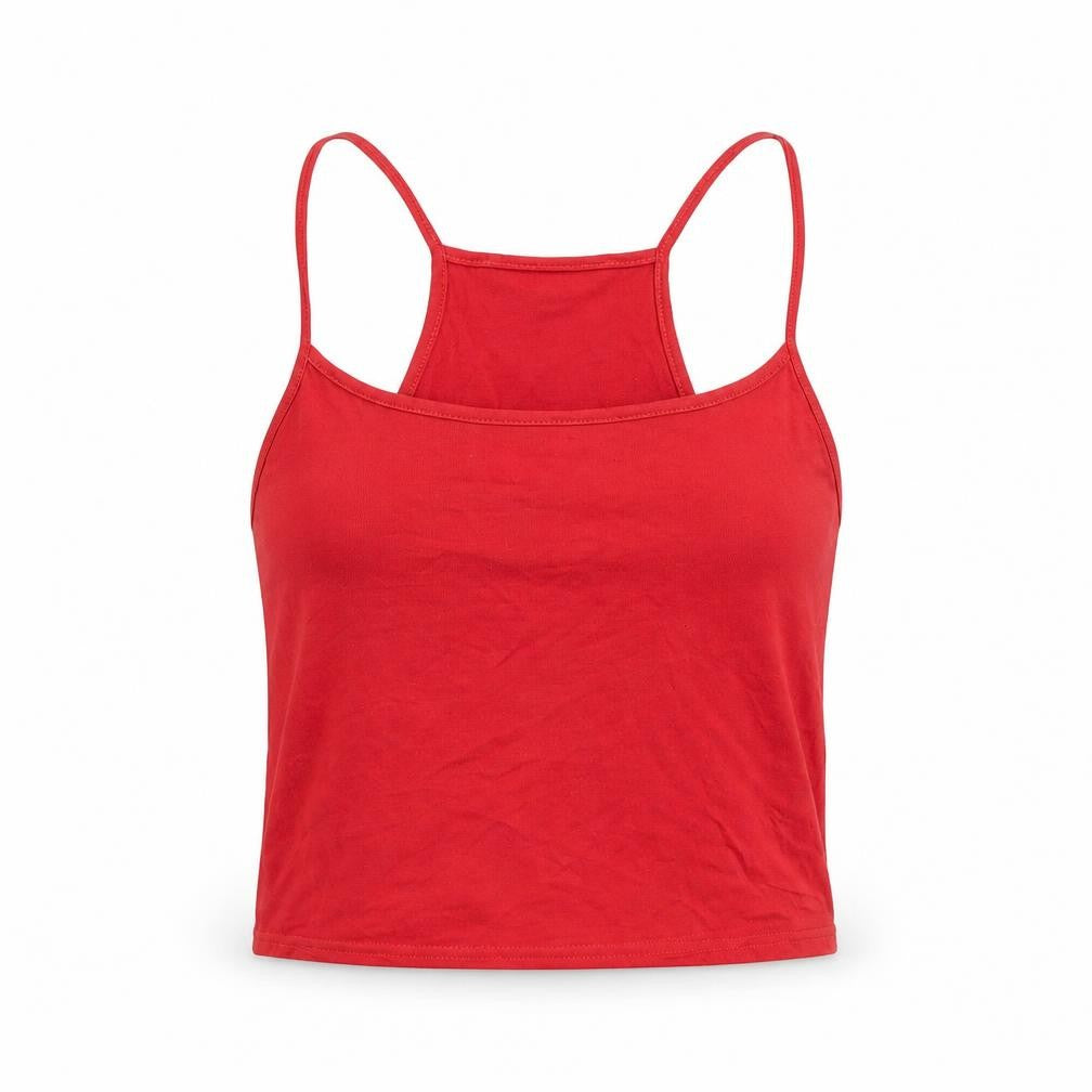 Front view of Topshop women’s red cropped tank, size UK 8