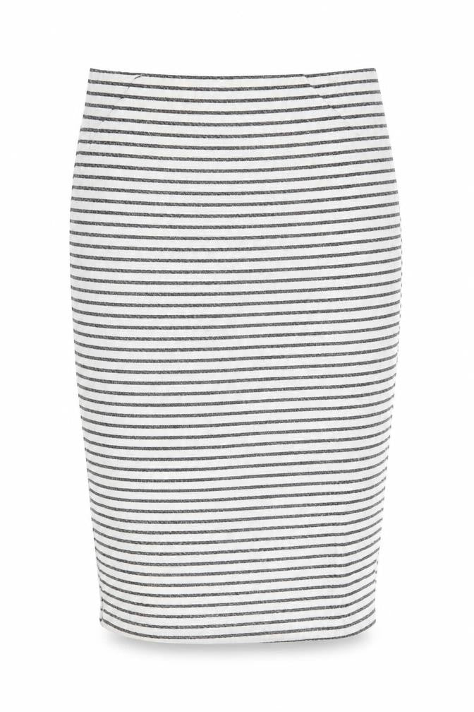 Front view of Dorothy Perkins women’s white striped a-line skirt, size UK 8