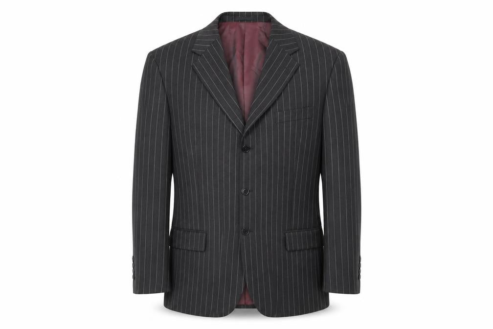 Front view of Deha Villand men’s grey striped jacket suit jacket, size 42