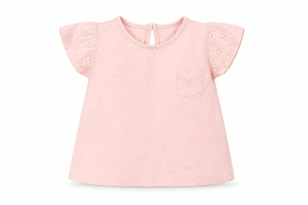 Front view of Young Dimension girls’ pink basic t-shirt, size 9-12, months