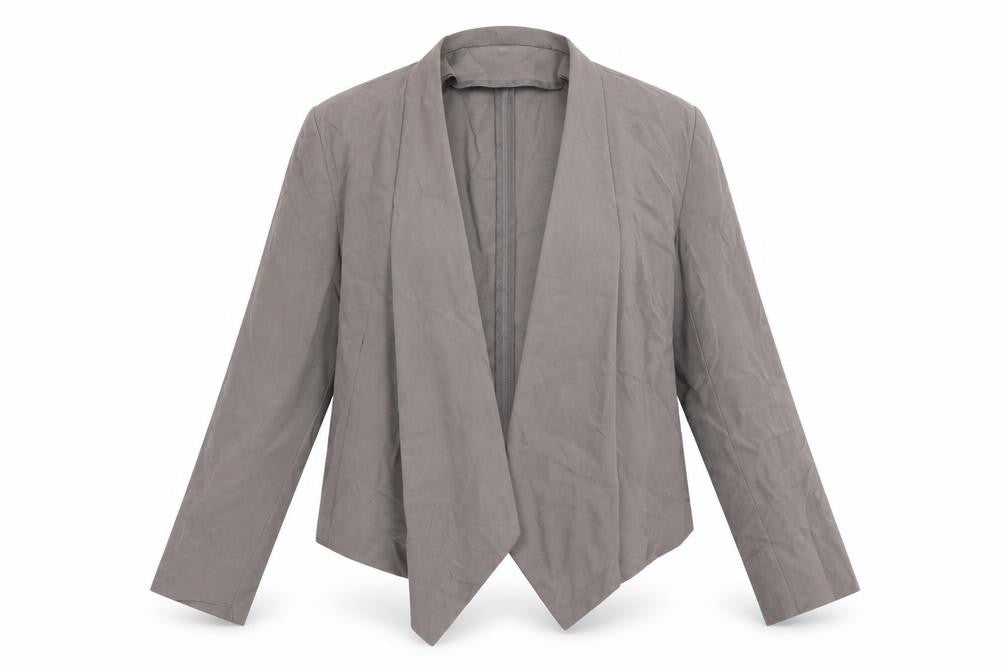 Front view of Full Circle women’s grey shrug jumper, size UK 14