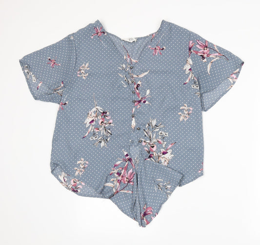 Urban Romantics Womens Blue Floral  Basic Blouse Size L