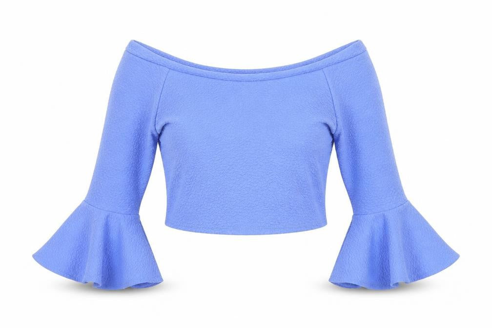 Front view of Kiah women’s blue cropped t-shirt, size UK 12