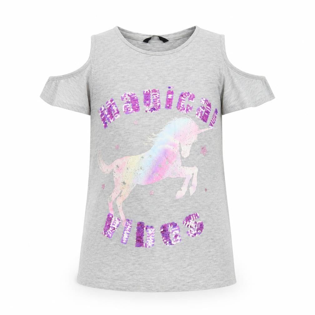 Front view of George girls’ grey basic t-shirt, size 13-14, years - unicorn cut out shoulders
