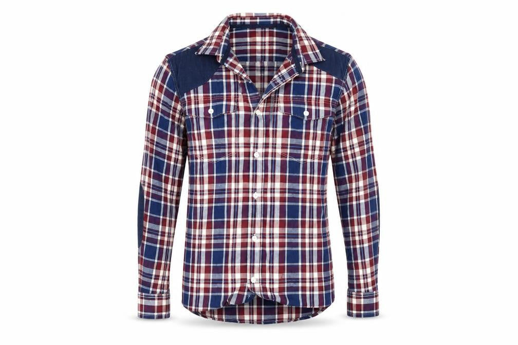Front view of Goodsouls men’s blue check button-up, size M