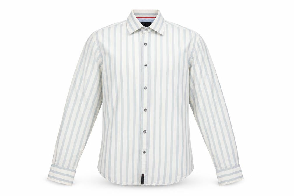 Front view of Jeff & Co men’s green striped button-up, size M