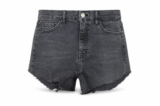 Front view of Topshop women’s grey denim hot pants shorts, size UK 30, in - distressed
