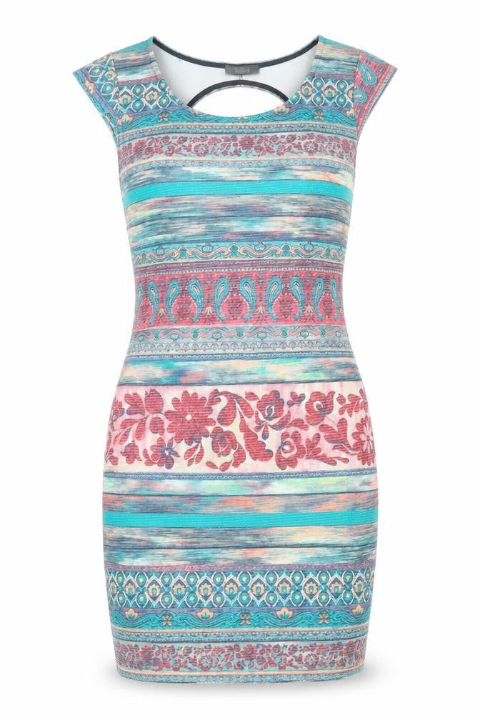 Front view of Kiah women’s multicoloured geometric jersey bodycon, size UK 12, - open back