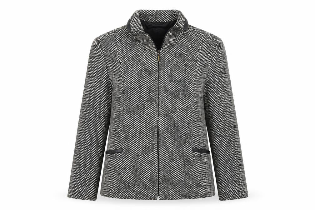 Front view of Talbots women’s grey houndstooth jacket coat, size UK 12