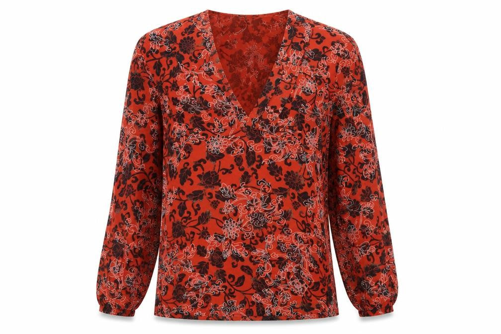 Front view of Preworn women’s orange floral basic blouse, size UK 10