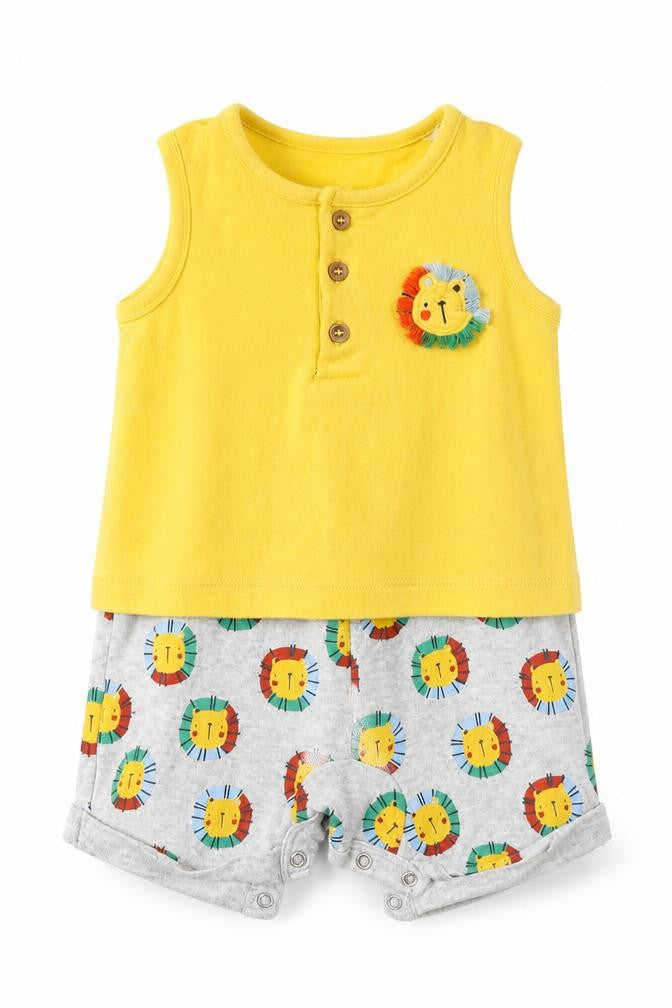Front view of Mini Club Baby Yellow Jersey Romper One-Piece, size 6-9, Months - Lion