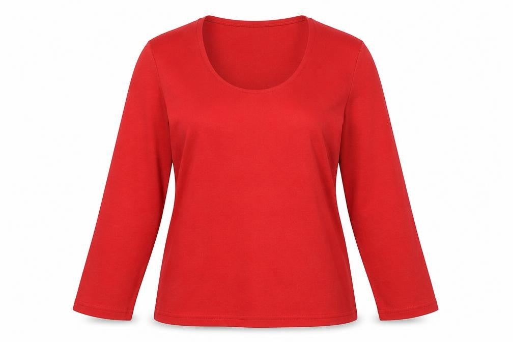 Front view of Emreco women’s red pullover sweatshirt, size UK 14
