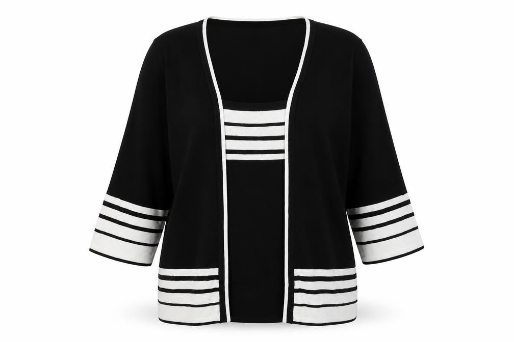 Front view of Bonmarché women’s black striped knit jumper, size M