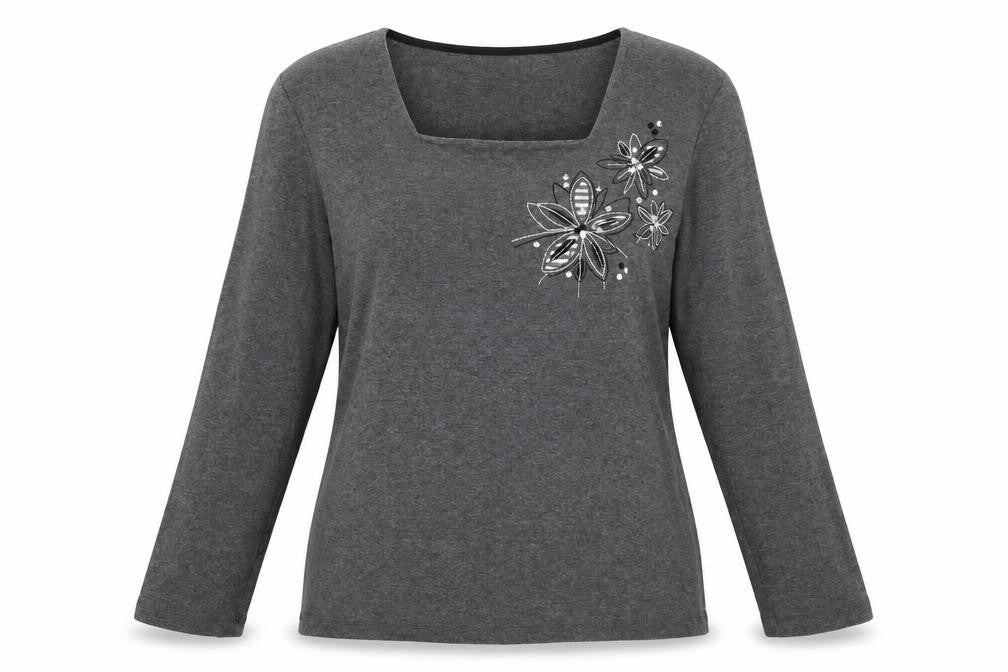 Front view of Bonmarché women’s grey floral jersey jumper, size M