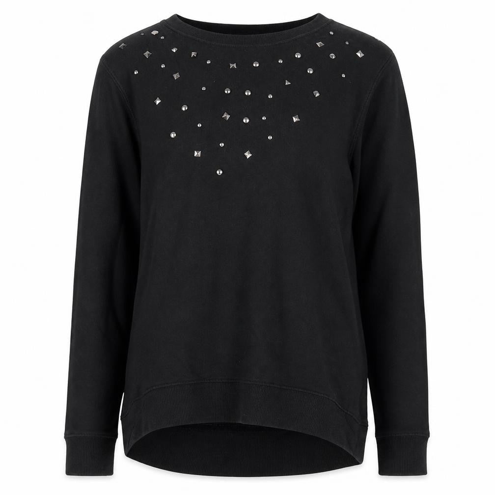 Front view of DENIMCO women’s black jumper, size UK 12