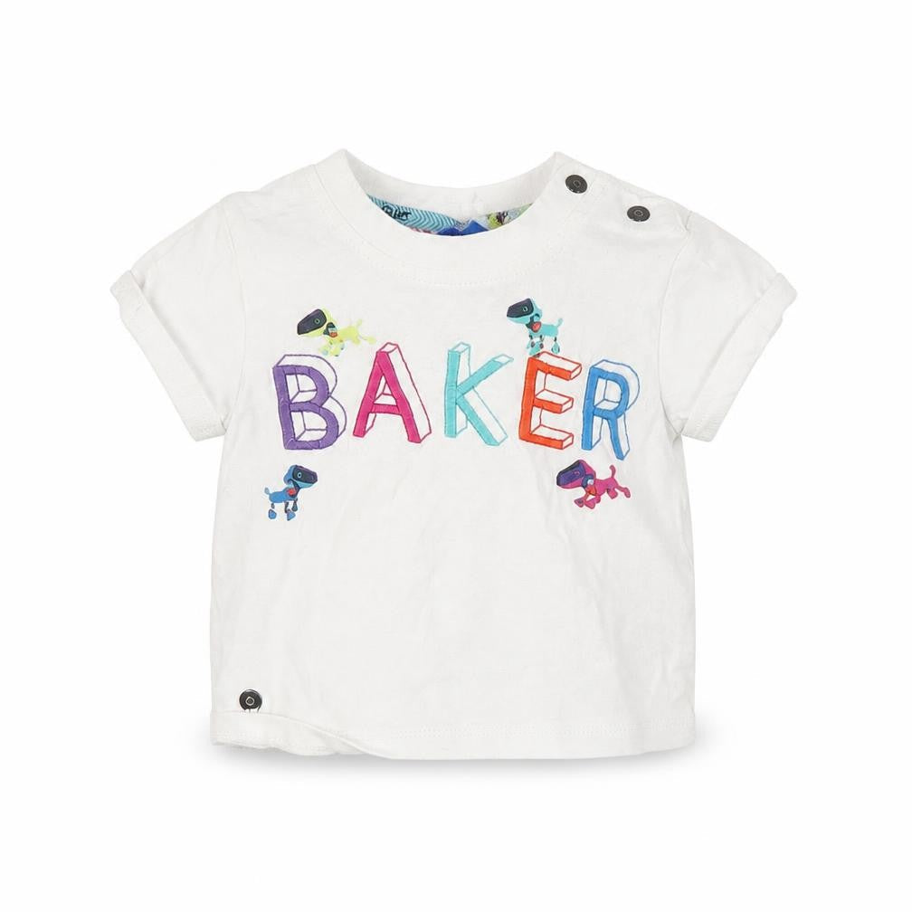 Front view of Baker boys’ white basic t-shirt, size 3-6, months