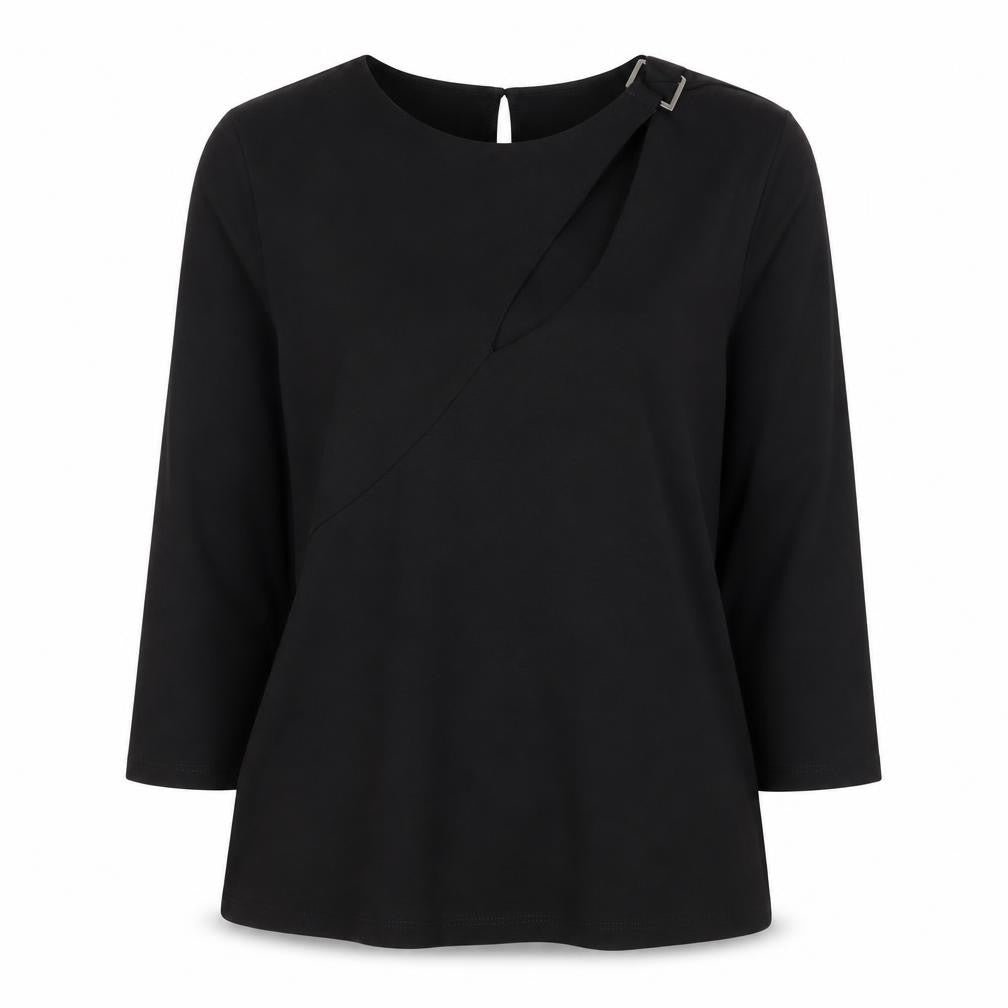 Front view of Julien Macdonald women’s black basic t-shirt, size UK 12