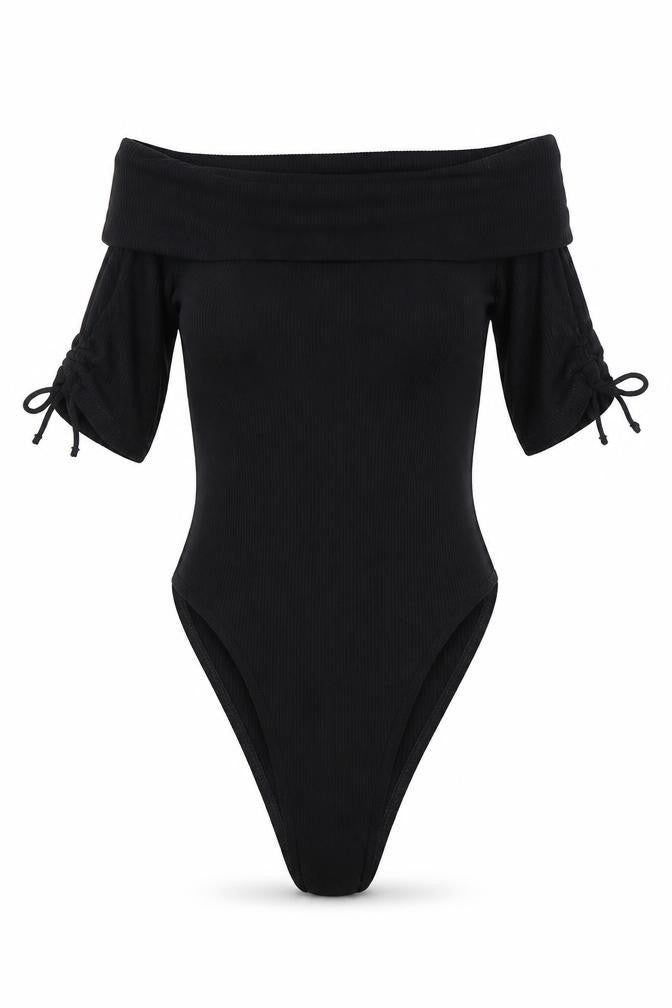 Front view of Topshop women’s black bodysuit one-piece, size UK 8