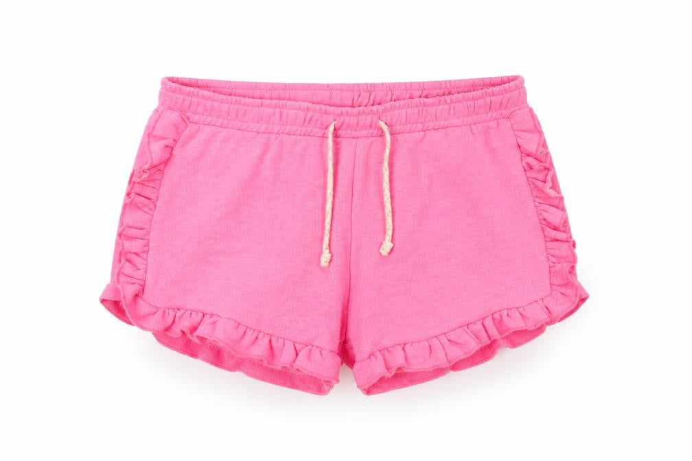 Front view of I love girls’ wear girls pink cut-off shorts, size 9, years