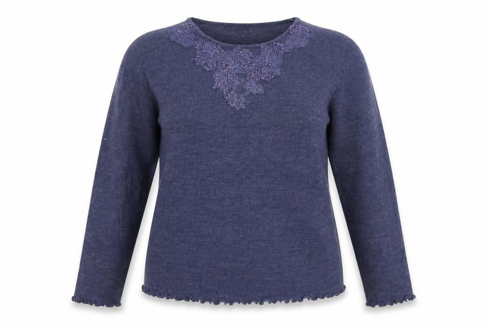 Front view of Elizabeth Scott women’s blue geometric knit jumper, size L