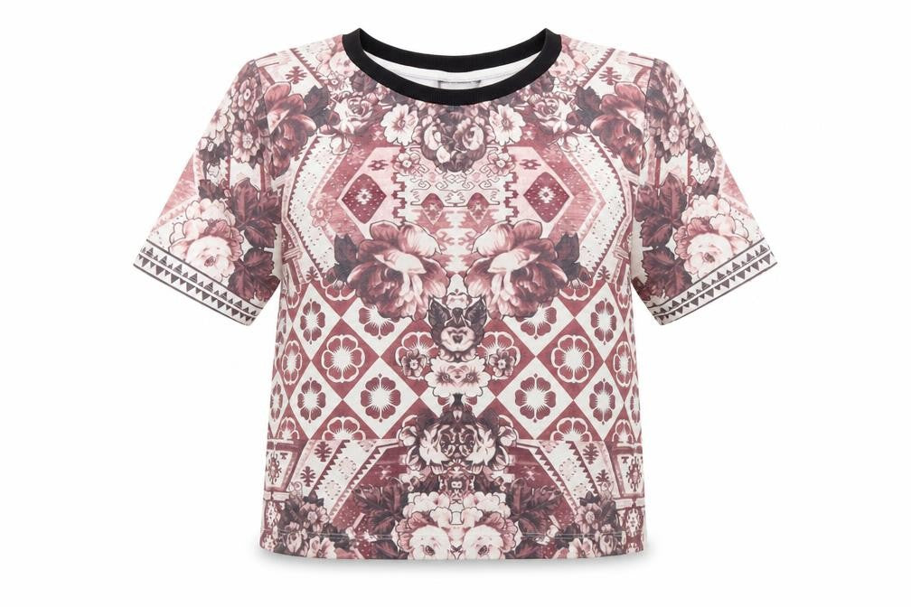 Front view of Topshop women’s pink floral basic t-shirt, size UK 8, - cropped