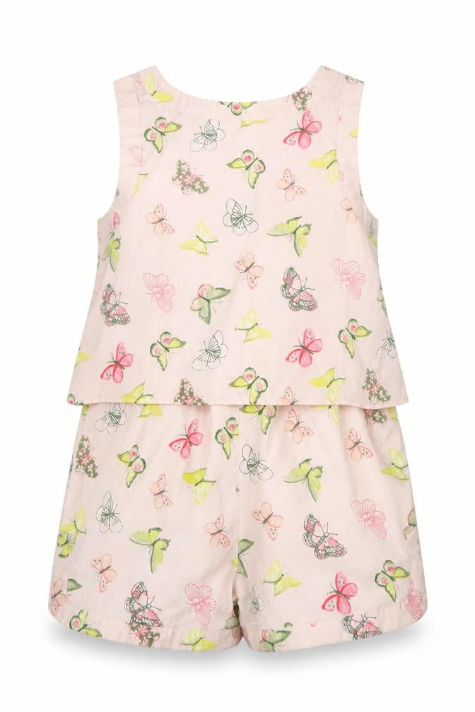 Front view of Evie girls’ pink animal print playsuit one-piece, size 6, years - butterflies