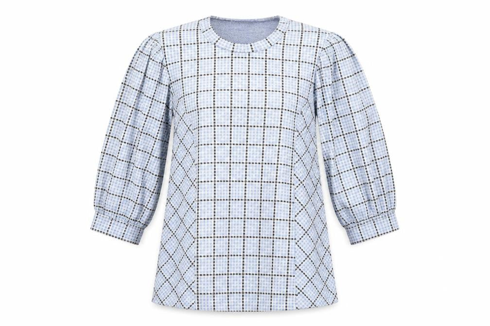 Front view of Savida women’s blue check tunic blouse, size XS