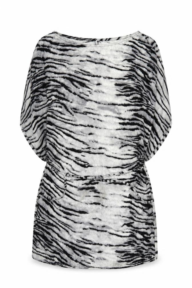 Front view of Saint Tropez Clothing women’s grey animal print kimono blouse, size M