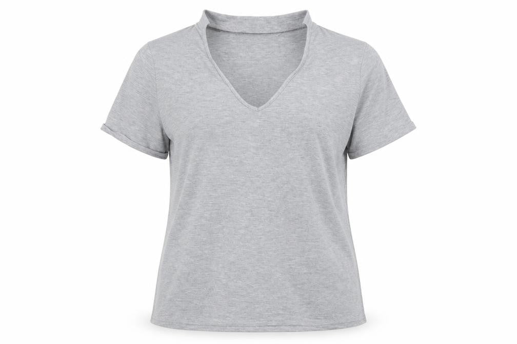 Front view of Dorothy Perkins women’s grey basic t-shirt, size UK 14