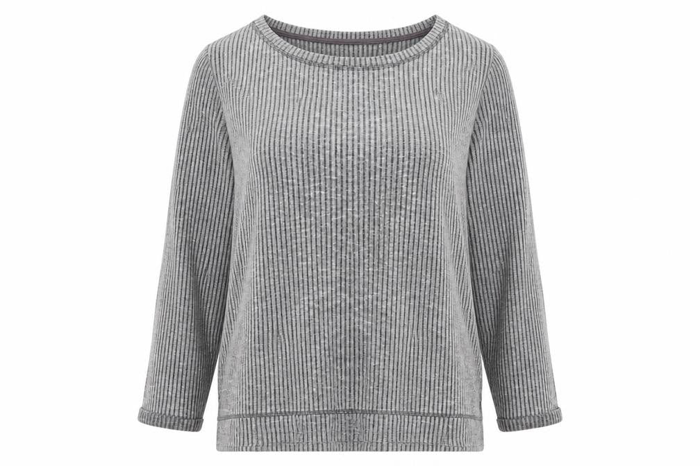 Front view of H&M women’s grey jersey pullover sweatshirt, size M